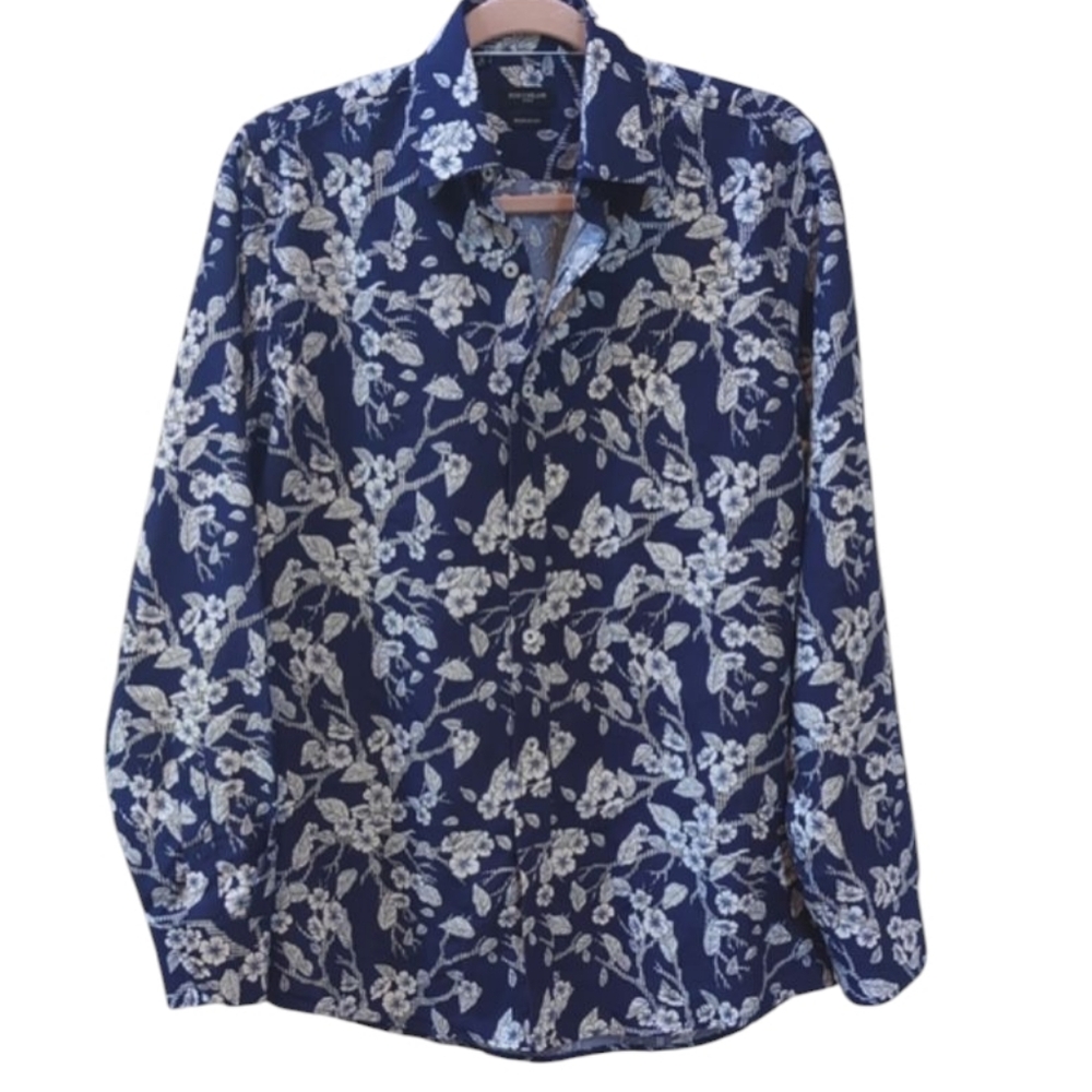 Rosso Milano,Navy Blue And White Floral Men's Casual Button-down Shirt.Small